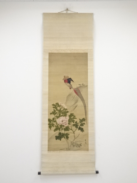 JAPANESE HANGING SCROLL / HAND PAINTED / FLOWER & BIRD